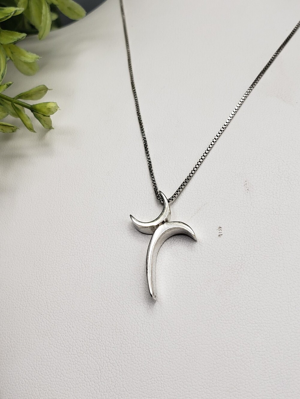 Sterling Silver Cross / Crescent Moon Pendant on a Box Chain- Modernist Abstract